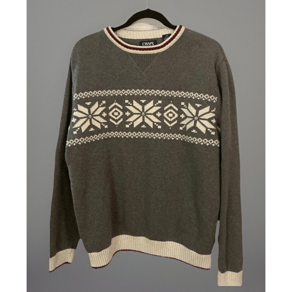Chaps Gray Fair Isle Snowflake Winter Sweater Size  Large Cozy Pullover Knit